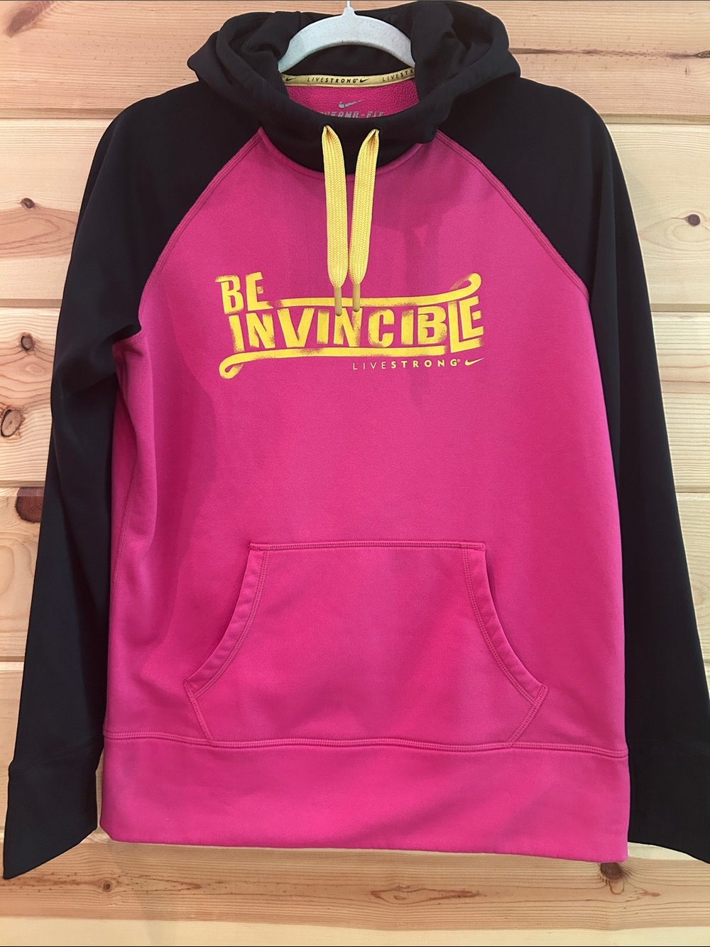 Nike Pink and Black Livestrong Therma-FIT Hoodie with Yellow Drawstrings, Size L